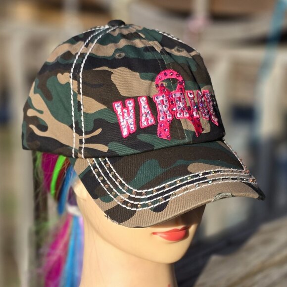 Ladies Camo & Pink Breast Cancer Warrior BLING Hat NEW - Picture 2 of 4